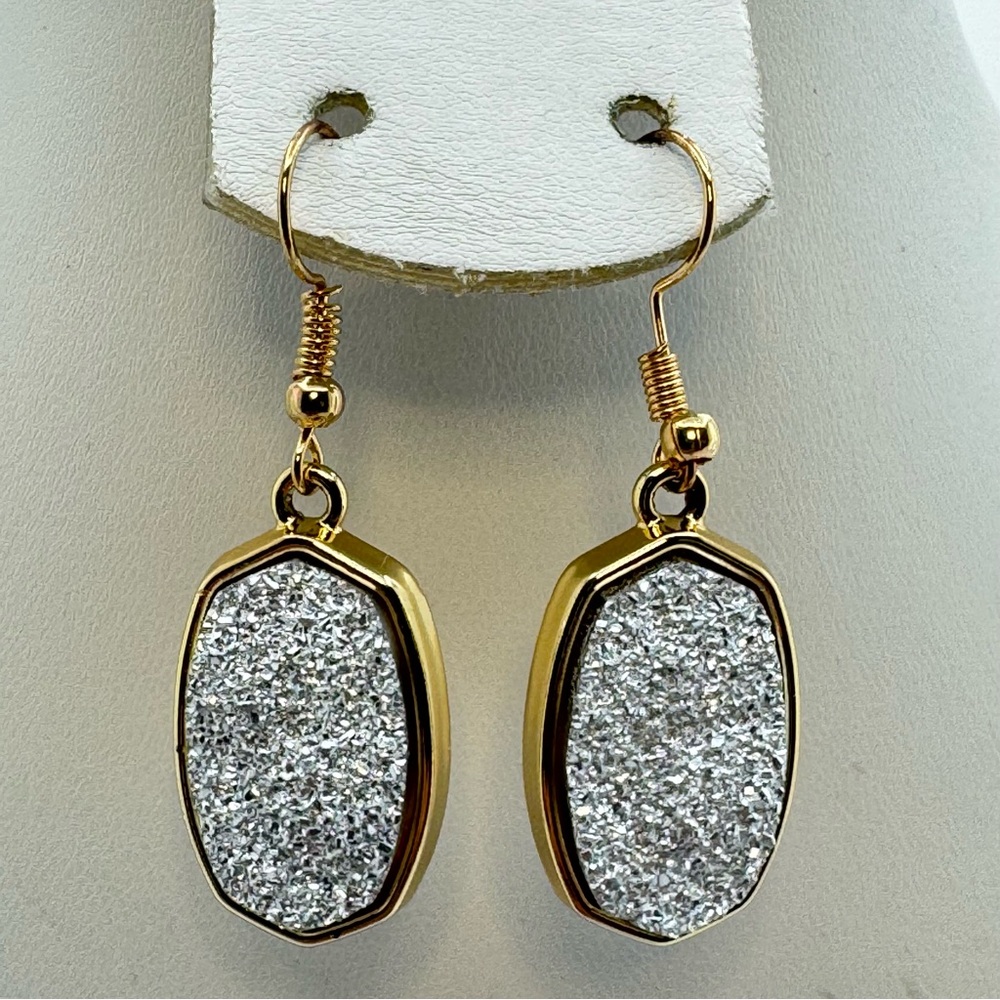 Gold Tone Faux Druzy Silver Glitter Drop Dangle Statement Earrings
